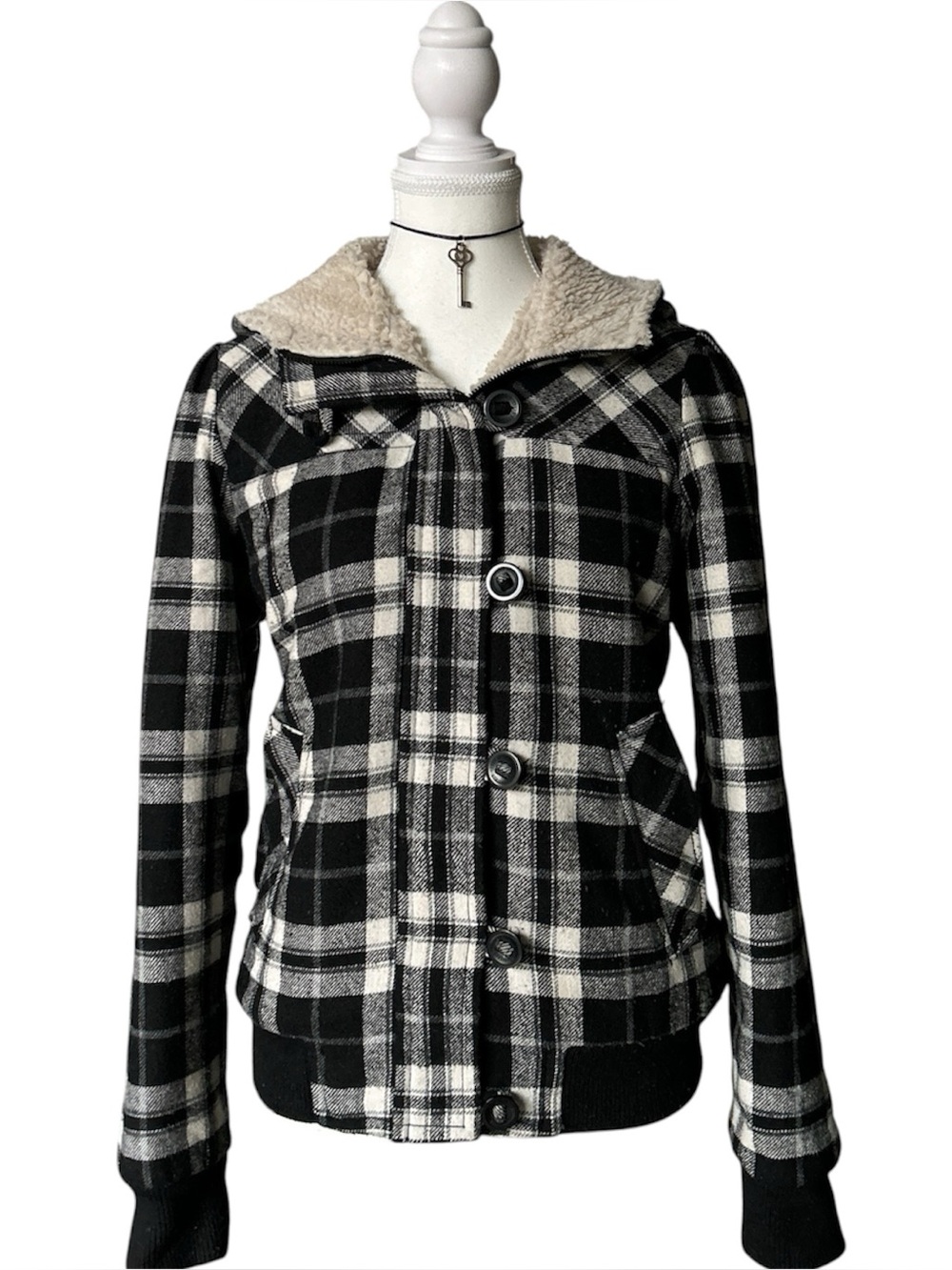 Y2K Grunge “Urban Heritage” Black and White Tartan Print Bomber Jacket
